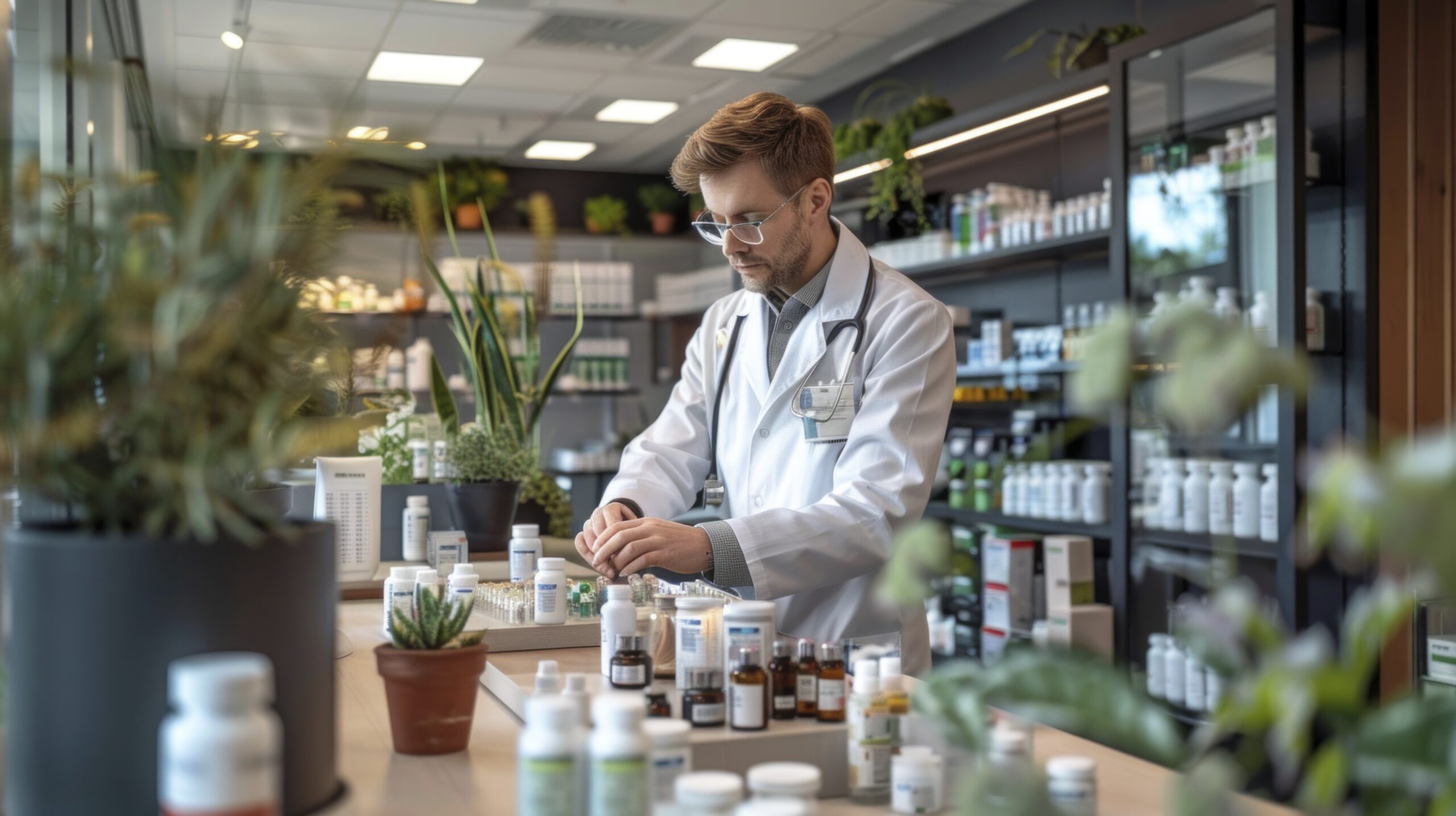 Pharmacy Long shot of a male pharmacist from Norway conducting a routine check-up in a spacious, contemporary pharmacy. The scene captures the open layout and overall atmosphere. Realistic and cinematic. Award-winning photography. Advertising photography. Commercial photography. --chaos 13 --ar 16:9 --style raw --stylize 300 Job ID: c03edb19-a6da-4534-927e-78ba6e4b4868